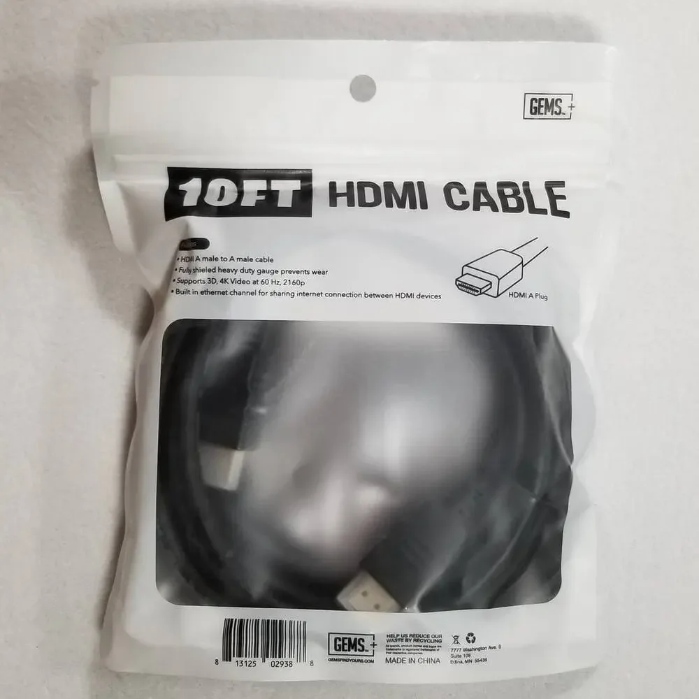 Gems Black 10FT 60HZ, 2160p HDMI Cable, New